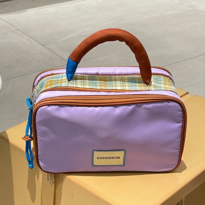 Plaid color-blocked large-capacity storage cosmetic bag