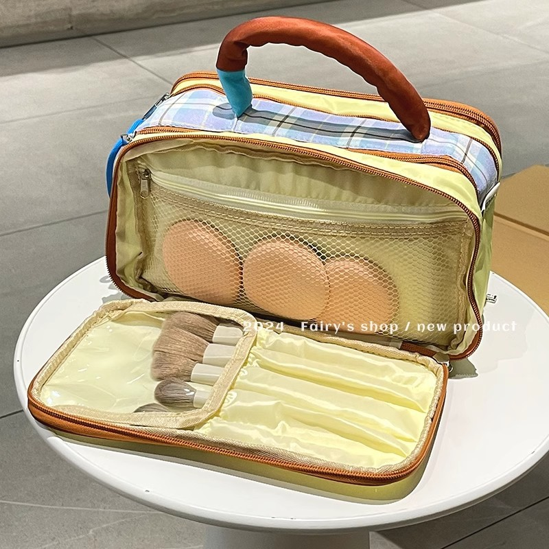 Plaid color-blocked large-capacity storage cosmetic bag