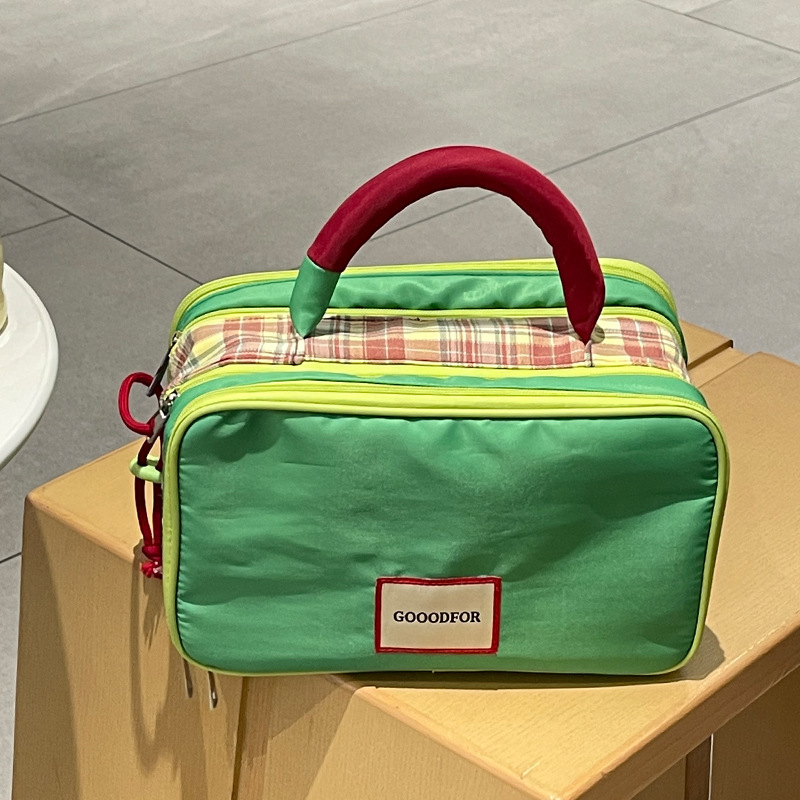 Plaid color-blocked large-capacity storage cosmetic bag