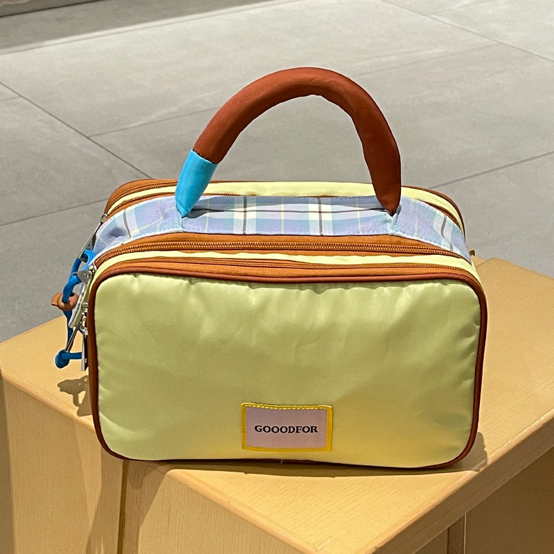 Plaid color-blocked large-capacity storage cosmetic bag