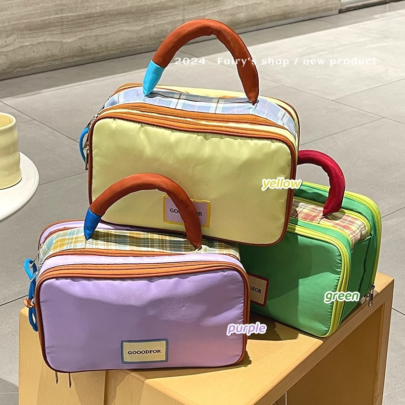 Plaid color-blocked large-capacity storage cosmetic bag