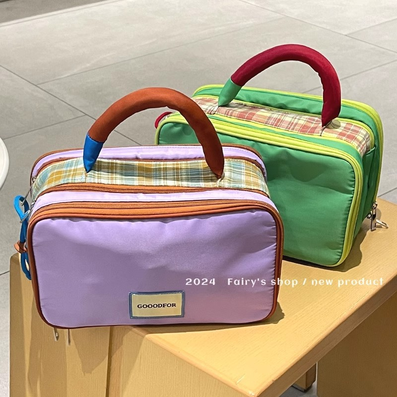 Plaid color-blocked large-capacity storage cosmetic bag